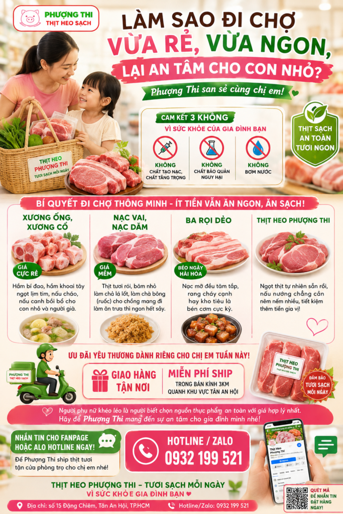 Thịt Heo Phượng Thi cung cấp thịt heo tươi sạch mỗi ngày tại Tân An Hội, TP.HCM. Cam kết không chất tạo nạc, không bơm nước, giá hợp lý cho mọi gia đình. Miễn phí ship bán kính 3km.